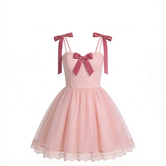 Ethereal Spaghetti Strap A-Line Birthday Gowns Lace Bows Pink Tulle Homecoming Dress AP4739