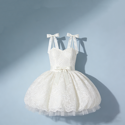 Ethereal Spaghetti Strap A-Line Birthday Gowns Lace Bows White Homecoming Dress AP4740