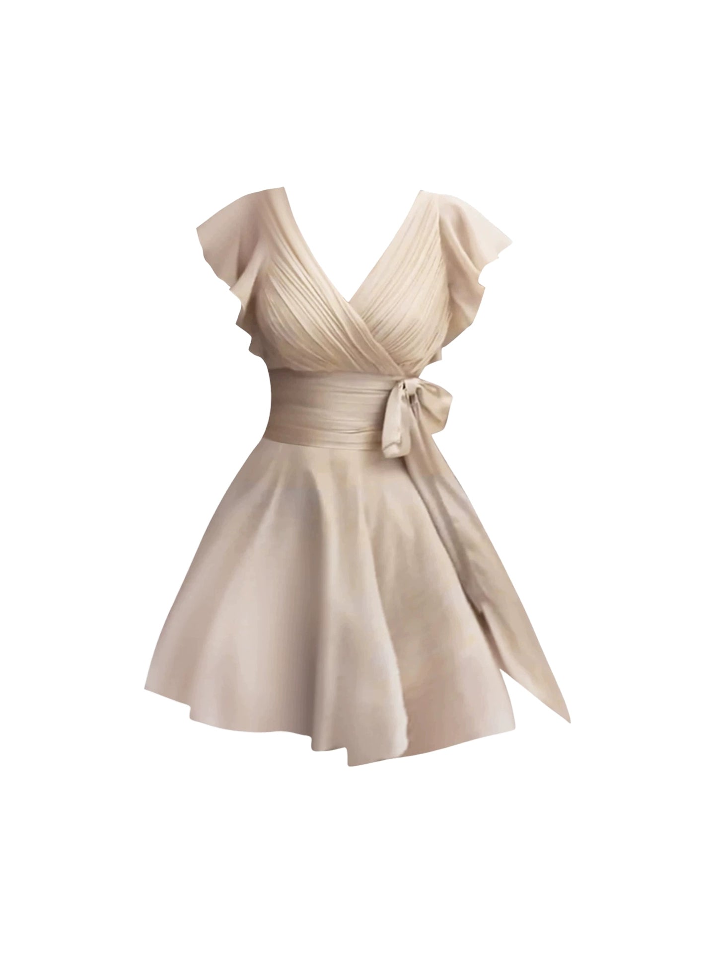 Gorgeous Self-Tie Waist Bow Beige Wrap V Neck Mini Skirt Charming Ruched Bust Flutter Sleeves A-Line Short Dress AP4742
