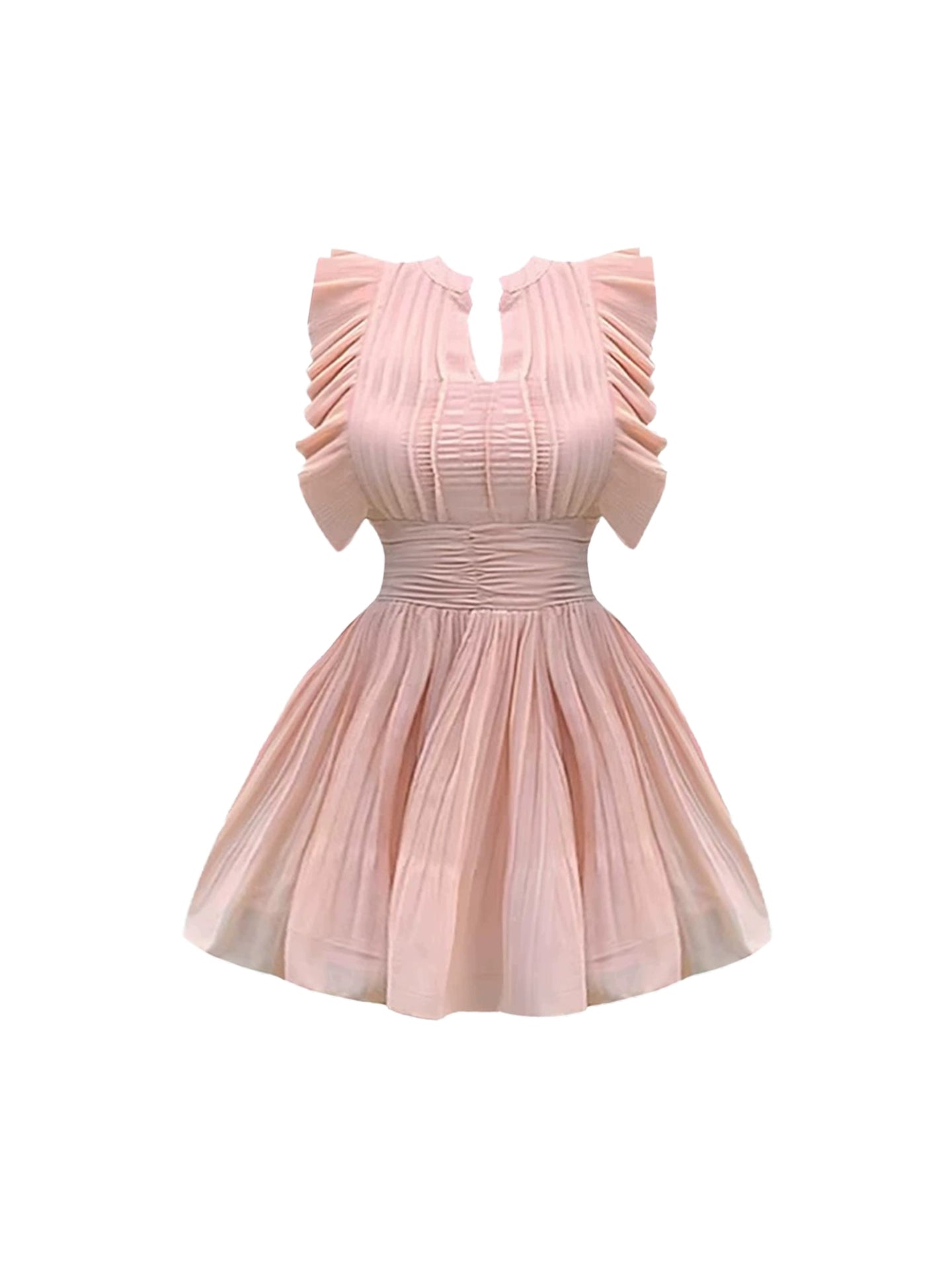 Novelty Keyhole Neck Light Pink Sleeveless Mini Skirt Sweet A-Line Ruched Shoulder Flaps Short Dress AP4747