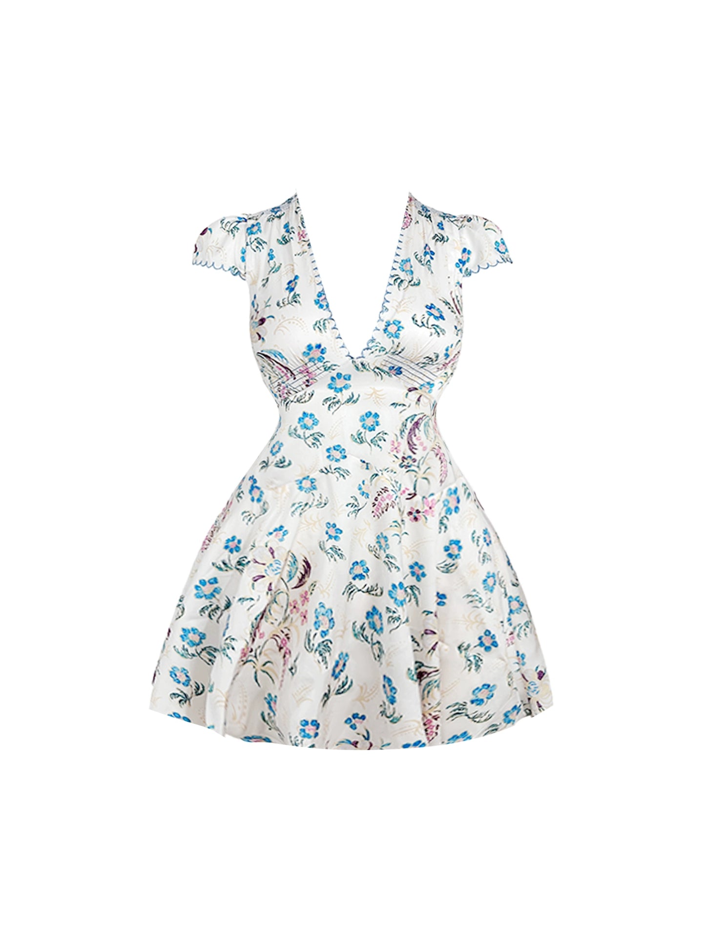 Unique Floral-Print Deep V Neck Mini Skirt Romantic Short Sleeve A-Line Flared Short Dress AP4748