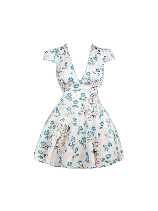 Unique Floral-Print Deep V Neck Mini Skirt Romantic Short Sleeve A-Line Flared Short Dress AP4748