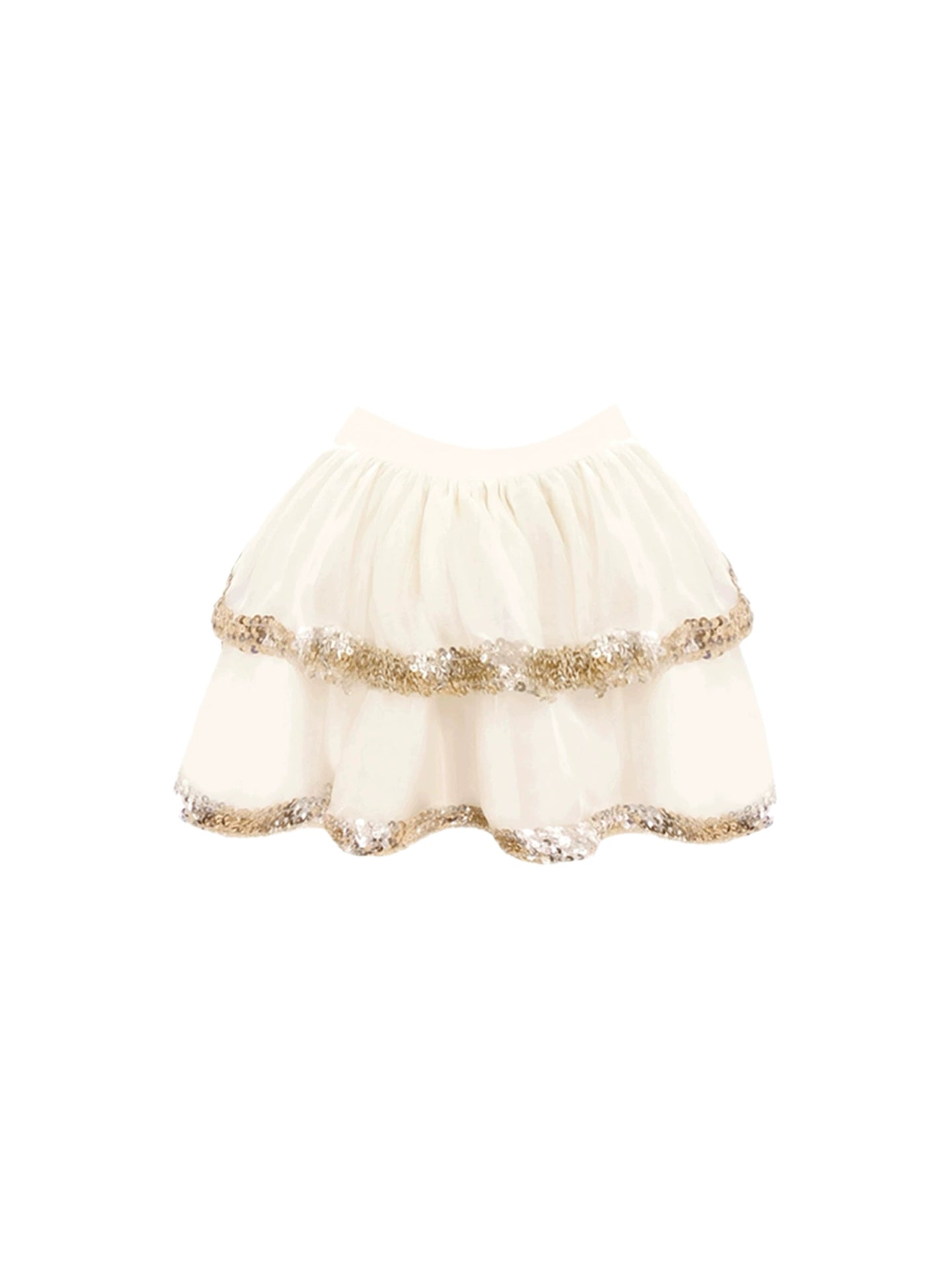 Vibrant Champagne Spaghetti Strap Camisole White Tiered Mini Skirt Hottie 2-Piece Set Sequin Trim Tie Straps A-Line Short Dress AP4749