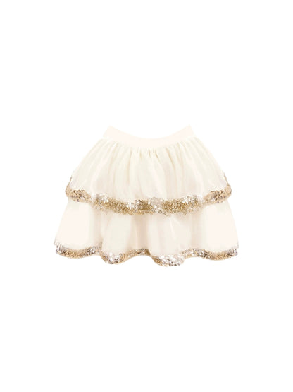 Vibrant Champagne Spaghetti Strap Camisole White Tiered Mini Skirt Hottie 2-Piece Set Sequin Trim Tie Straps A-Line Short Dress AP4749