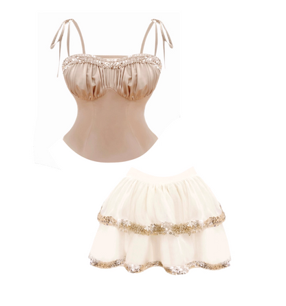 Vibrant Champagne Spaghetti Strap Camisole White Tiered Mini Skirt Hottie 2-Piece Set Sequin Trim Tie Straps A-Line Short Dress AP4749