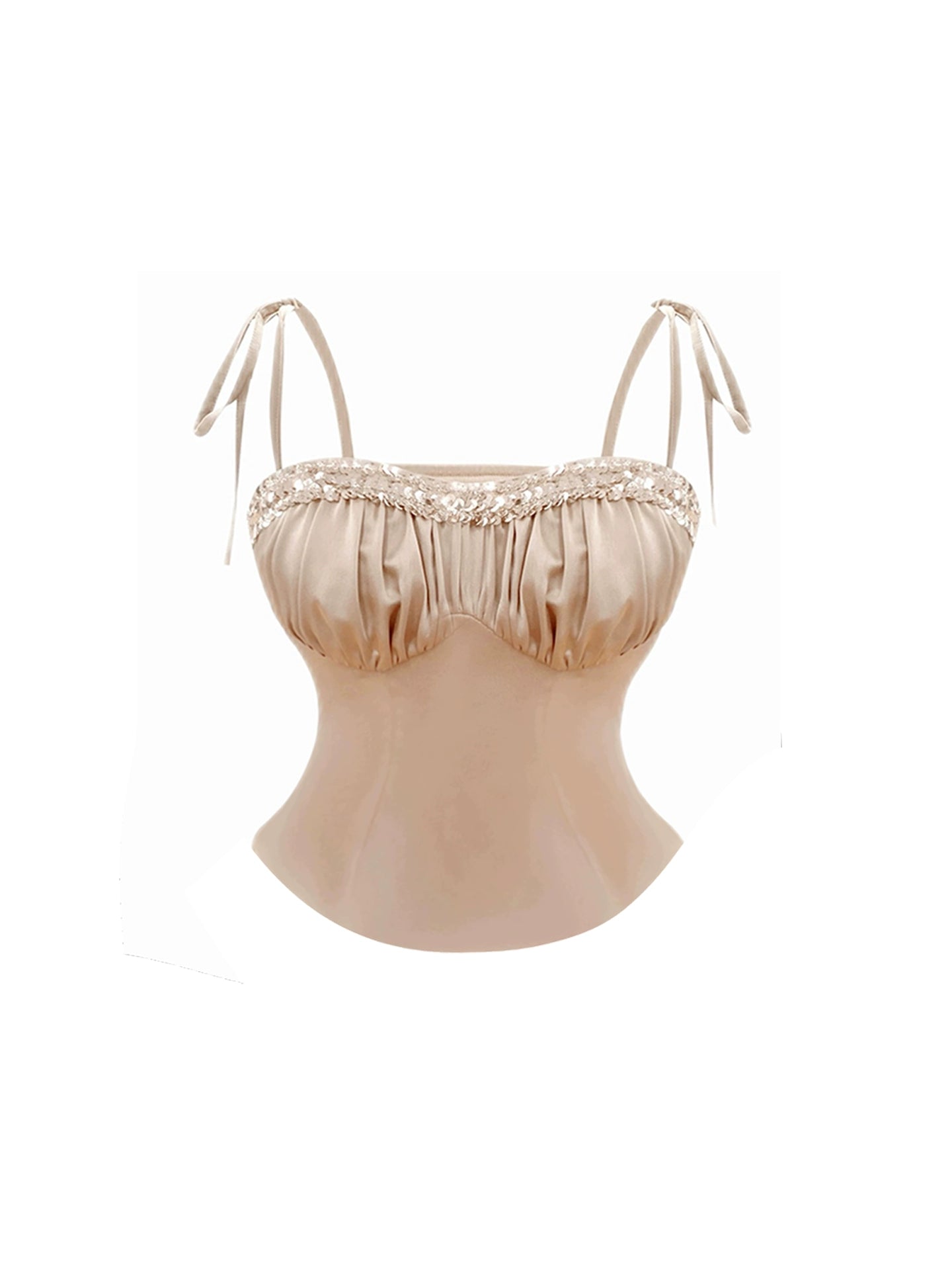 Vibrant Champagne Spaghetti Strap Camisole White Tiered Mini Skirt Hottie 2-Piece Set Sequin Trim Tie Straps A-Line Short Dress AP4749
