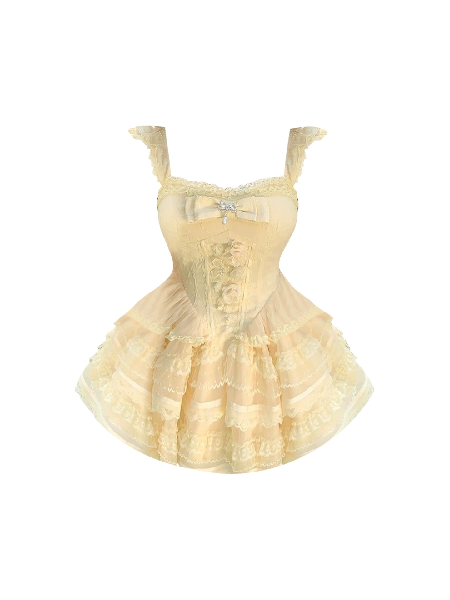 Fashionable Cream Sleeveless Spaghetti Strap Tiered Mini Skirt Stunning Lace Bow Trim Crystal Detail A-Line Short Dress AP4750