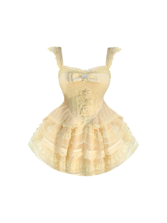 Fashionable Cream Sleeveless Spaghetti Strap Tiered Mini Skirt Stunning Lace Bow Trim Crystal Detail A-Line Short Dress AP4750