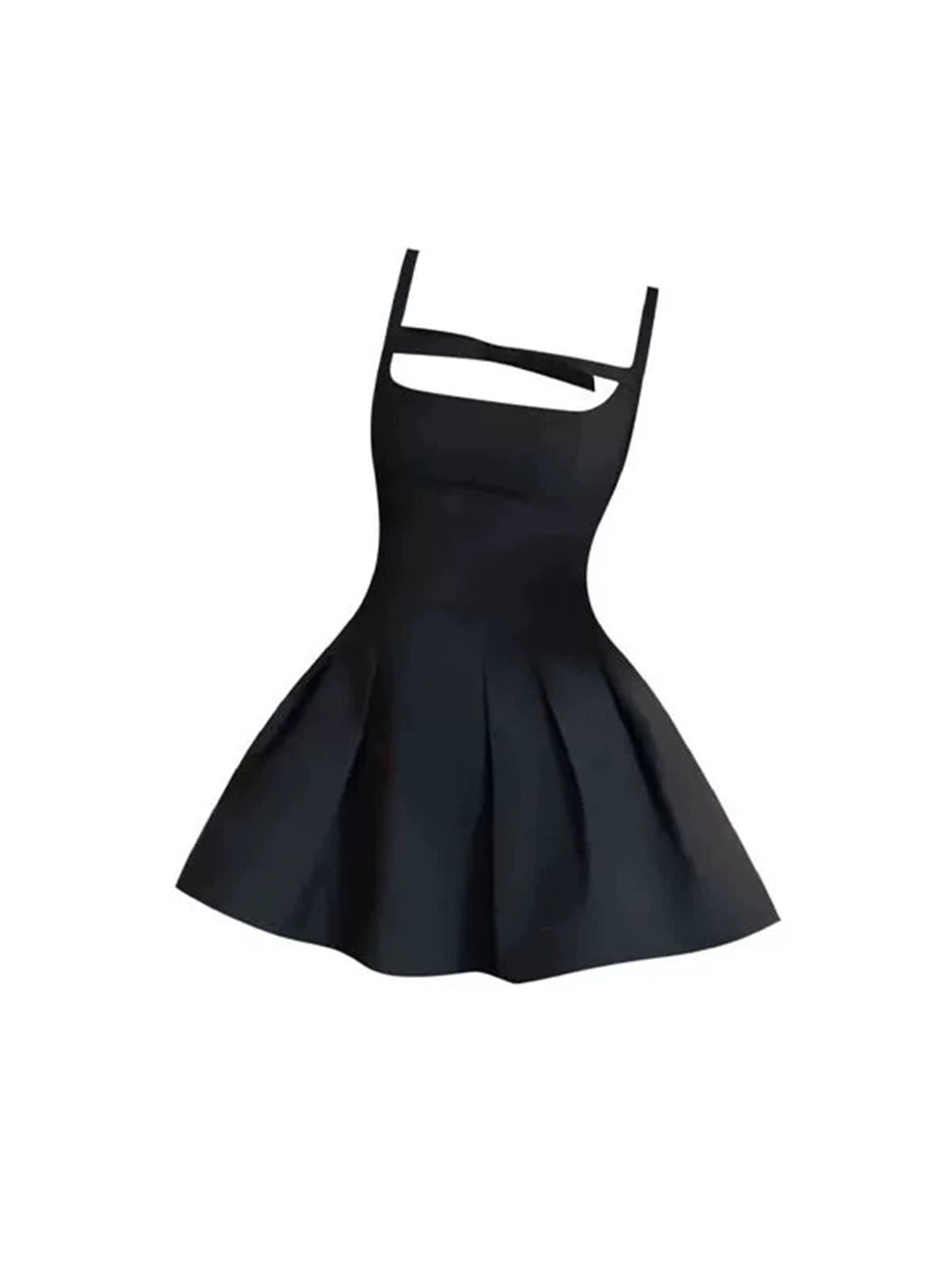 French-Style Spaghetti Strap Black Sleeveless Mini Skirt Chic Cutout Fitted Waist A-Line Pleated Short Dress AP4751