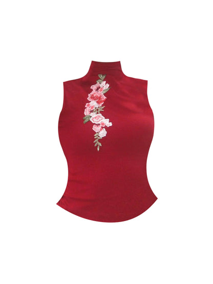 Charming Red & White Two-Piece Set Sheath Midi Dress Alluring Sleeveless High Collar Peony Print Long Dress AP4752