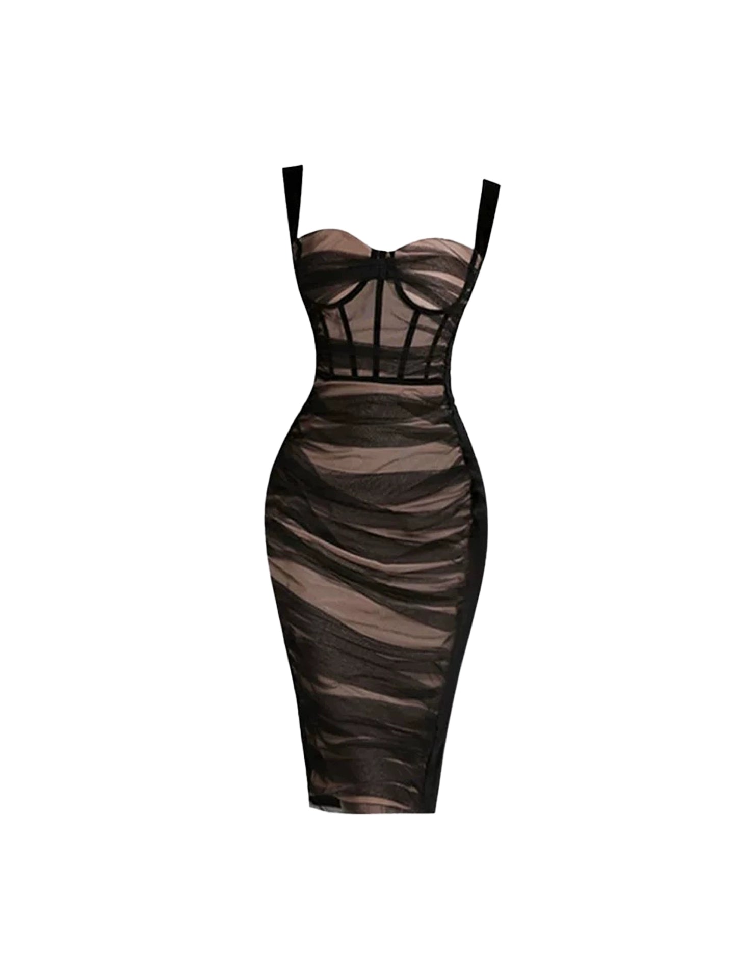 Playful Black Sheer Mesh Spaghetti Straps Nude Midi Dress Sexy Corset Boning Sheath Date Nights Long Dress AP4754