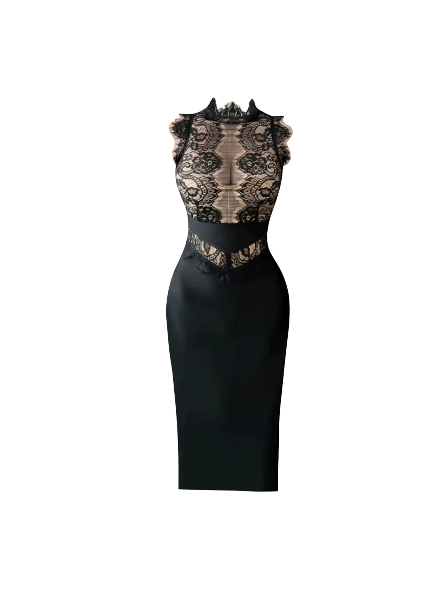 Stylish Black Sleeveless Paisley Lace Midi Dress Sophisticated High Neck Sheer Top Sheath Long Dress AP4755