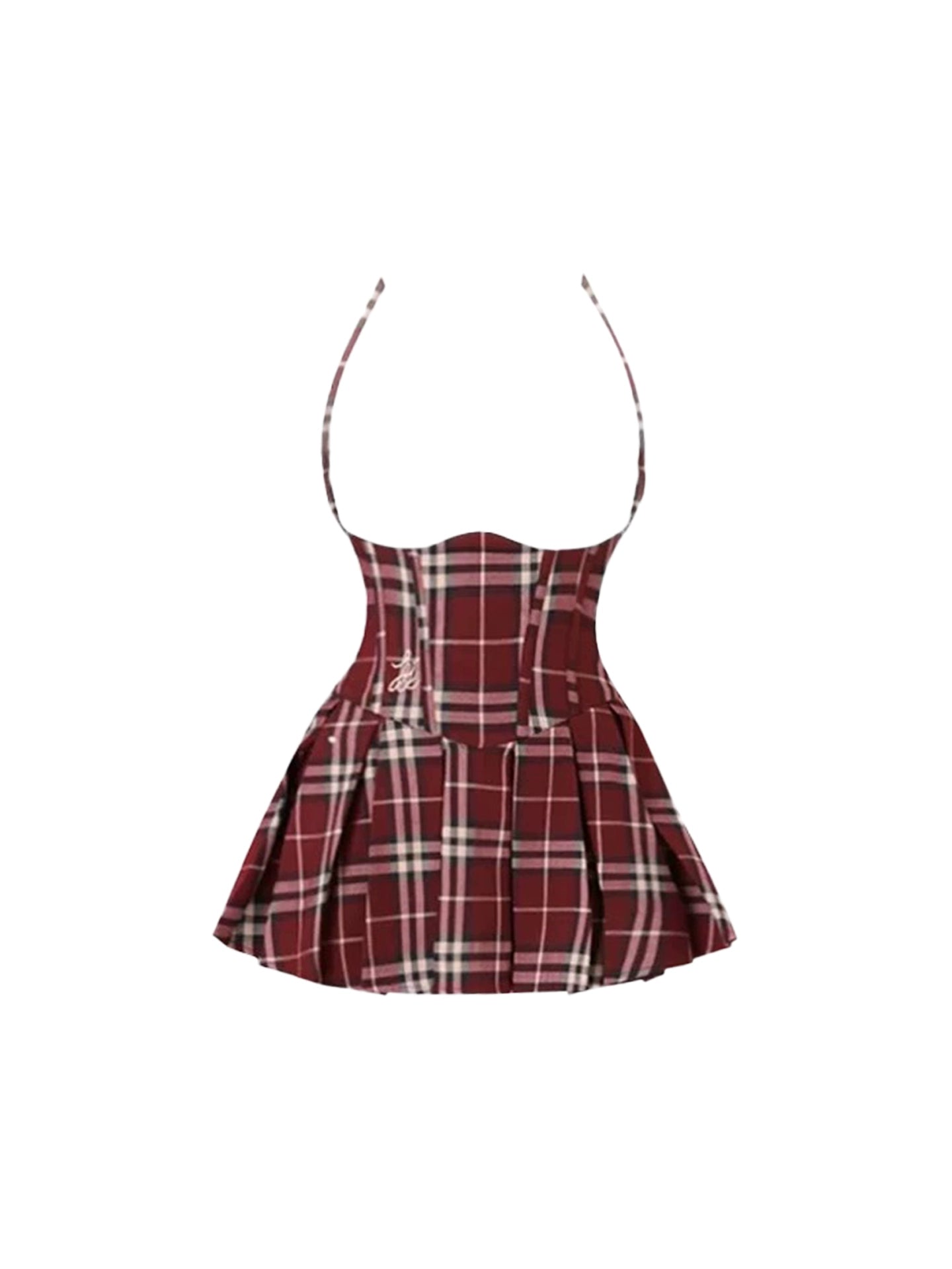 Schoolcore Blouse & Dress Set A-Line 2-Piece Set Mini Skirt Vibrant V Neck Burgundy Plaid Short Sleeve Pleated Short Dress AP4756