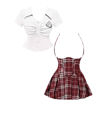 Schoolcore Blouse & Dress Set A-Line 2-Piece Set Mini Skirt Vibrant V Neck Burgundy Plaid Short Sleeve Pleated Short Dress AP4756