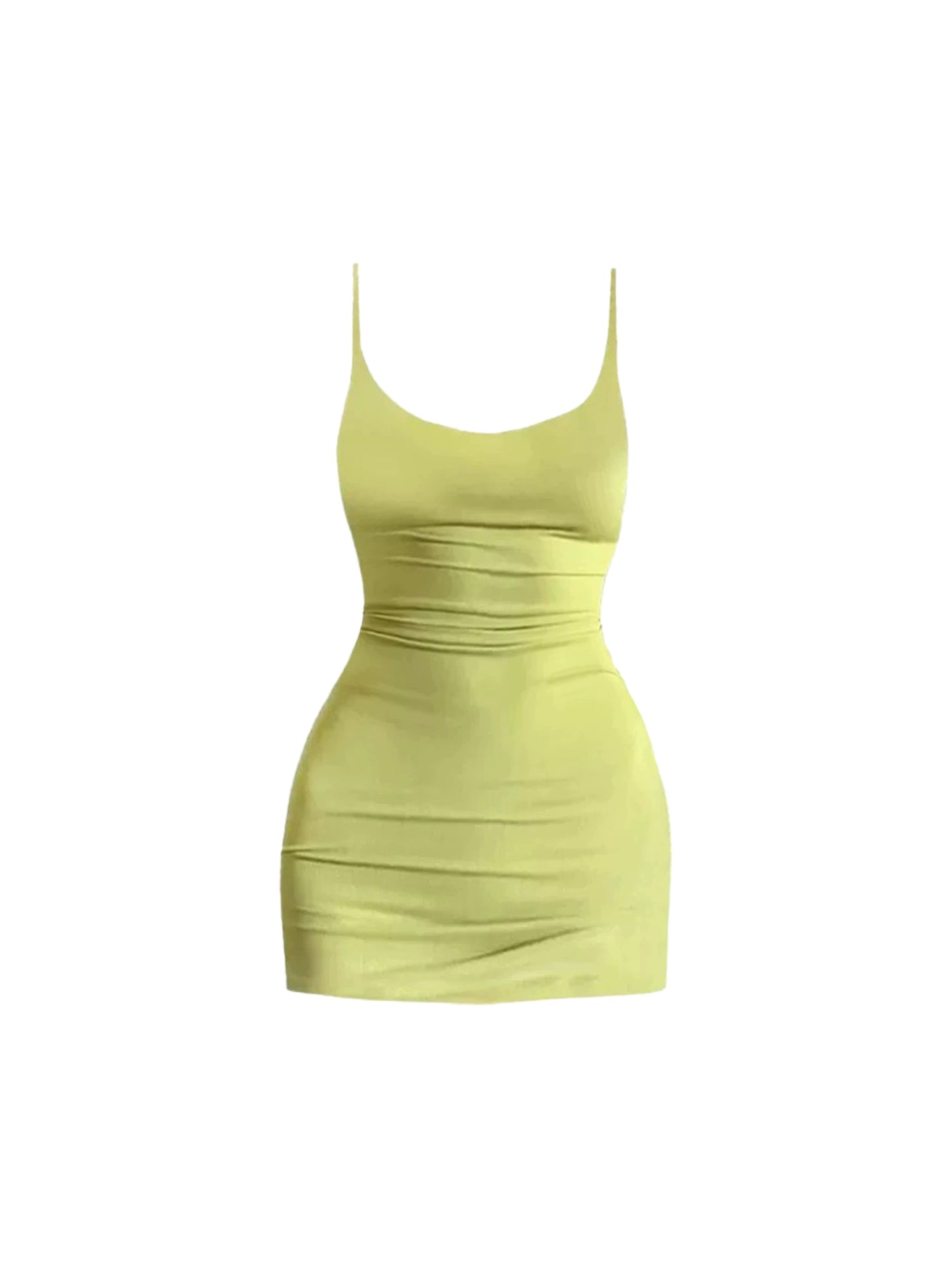 Fitted Pale Yellow-Green Bodycon Mini Skirt Vogue Ruched Waist Stretchy Fabric Spaghetti Strap Short Dress AP4757