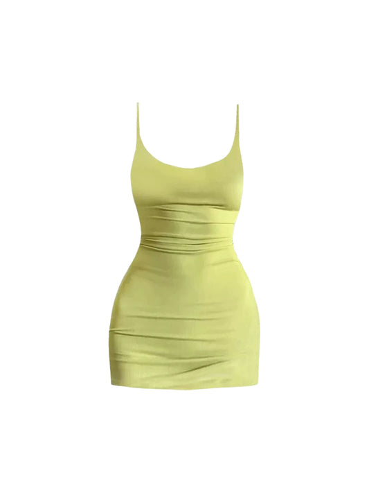Fitted Pale Yellow-Green Bodycon Mini Skirt Vogue Ruched Waist Stretchy Fabric Spaghetti Strap Short Dress AP4757