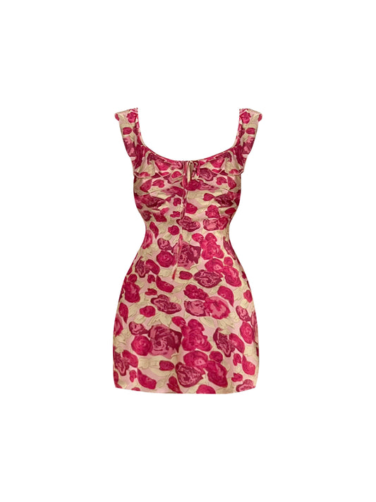 Minimalism Sleeveless Square Neck Ruffled Trim Bodycon Mini Skirt Romantic Blush-Base Magenta Rose Print Spaghetti Strap Short Dress AP4759