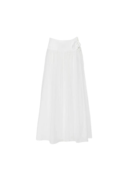 Trendy A-Line White Two-Piece Pleated Maxi Dresses Chic Strapless Cross-Cutout Top 3D Floral Details Long Dress AP4761