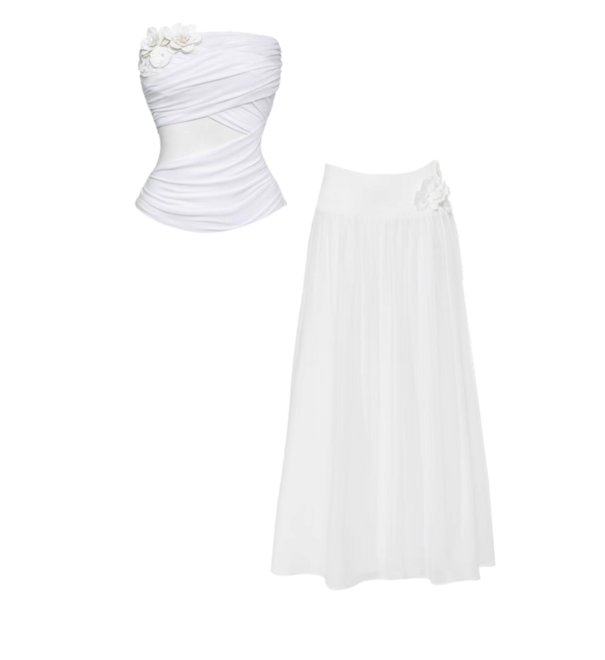 Trendy A-Line White Two-Piece Pleated Maxi Dresses Chic Strapless Cross-Cutout Top 3D Floral Details Long Dress AP4761