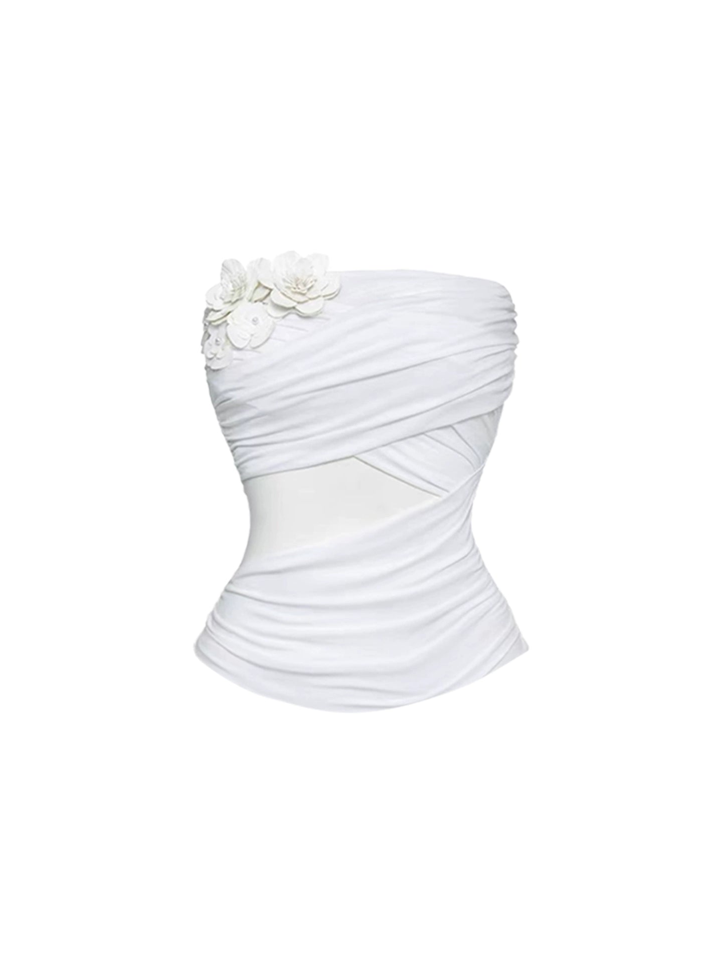 Trendy A-Line White Two-Piece Pleated Maxi Dresses Chic Strapless Cross-Cutout Top 3D Floral Details Long Dress AP4761