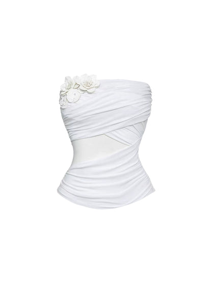Trendy A-Line White Two-Piece Pleated Maxi Dresses Chic Strapless Cross-Cutout Top 3D Floral Details Long Dress AP4761