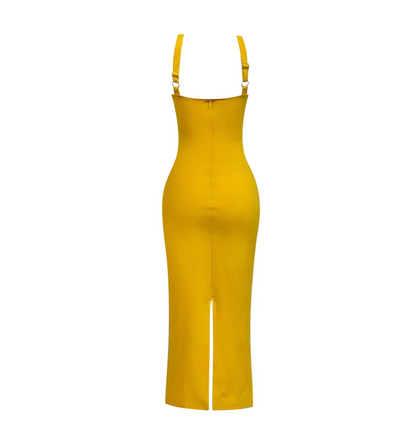 Attractive Ribbed Fabric Adjustable Straps Slit Halter Neck Maxi Dress Vibrant Yellow Sleek Sheath Long Dress AP4762