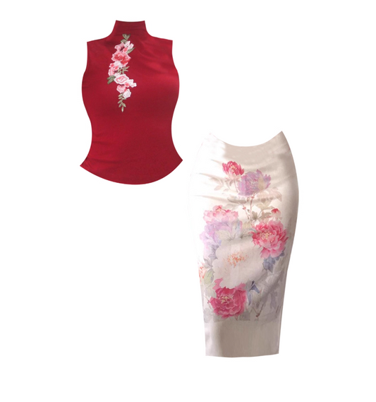 Charming Red & White Two-Piece Set Sheath Midi Dress Alluring Sleeveless High Collar Peony Print Long Dress AP4752