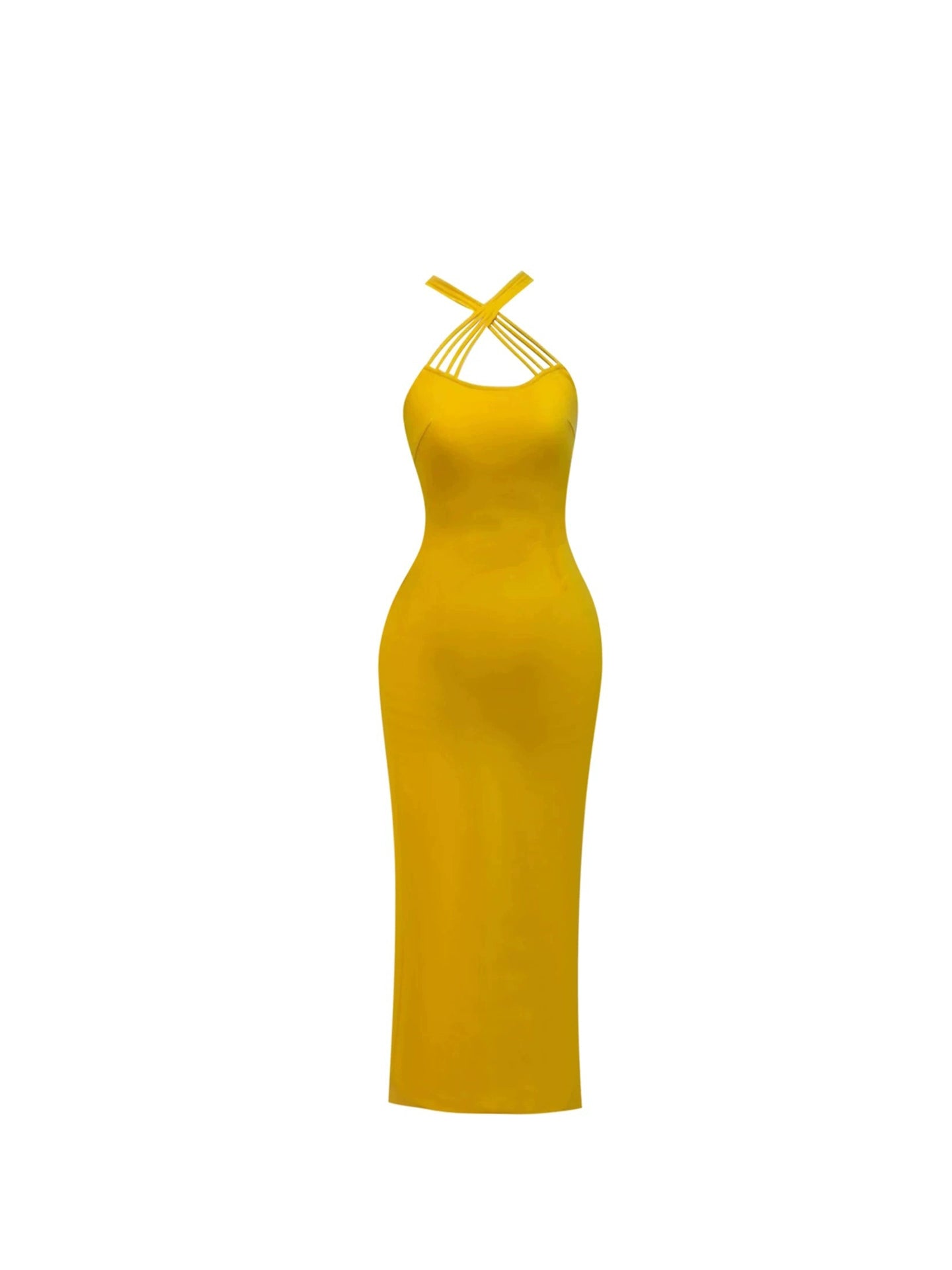Attractive Ribbed Fabric Adjustable Straps Slit Halter Neck Maxi Dress Vibrant Yellow Sleek Sheath Long Dress AP4762