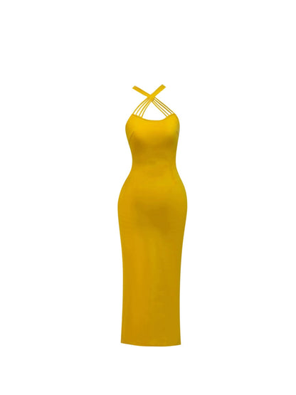 Attractive Ribbed Fabric Adjustable Straps Slit Halter Neck Maxi Dress Vibrant Yellow Sleek Sheath Long Dress AP4762