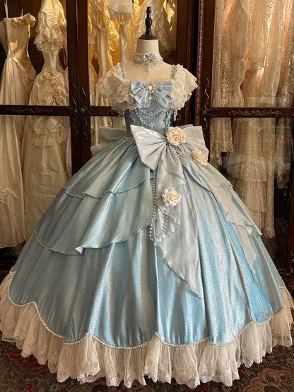 Vogue Beading A-Line Square Neck Lace Sweet 16th Gowns Beading Crystal Bow Handmade Flower Prom Dress AP4763