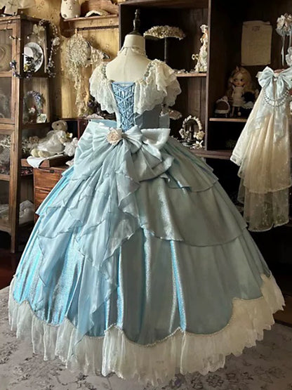 Vogue Beading A-Line Square Neck Lace Sweet 16th Gowns Beading Crystal Bow Handmade Flower Prom Dress AP4763