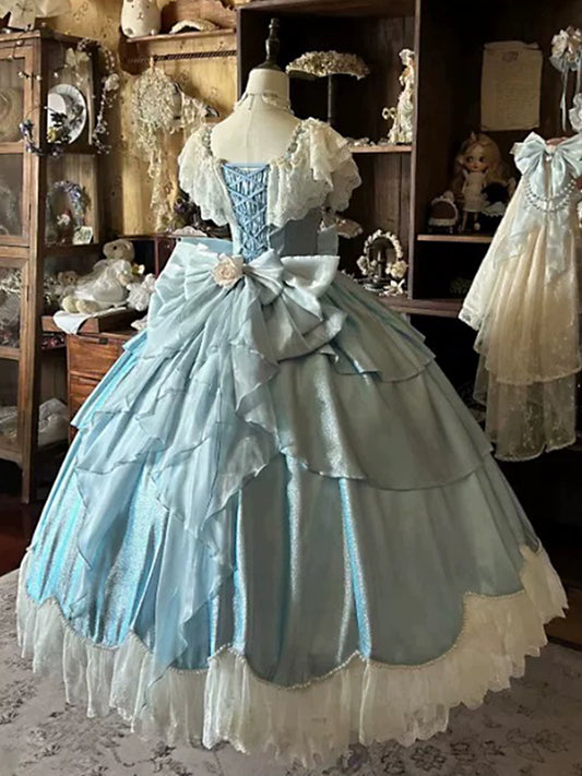 Vogue Beading A-Line Square Neck Lace Sweet 16th Gowns Beading Crystal Bow Handmade Flower Prom Dress AP4763