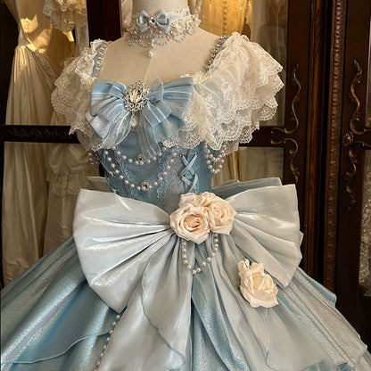 Vogue Beading A-Line Square Neck Lace Sweet 16th Gowns Beading Crystal Bow Handmade Flower Prom Dress AP4763