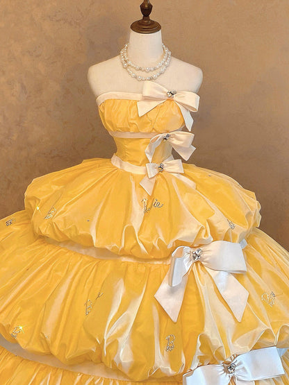 Princess A-Line Strapless Tiered Sweet 16th Evening Dresses Bows Sequins Crystals Prom Dress AP4767