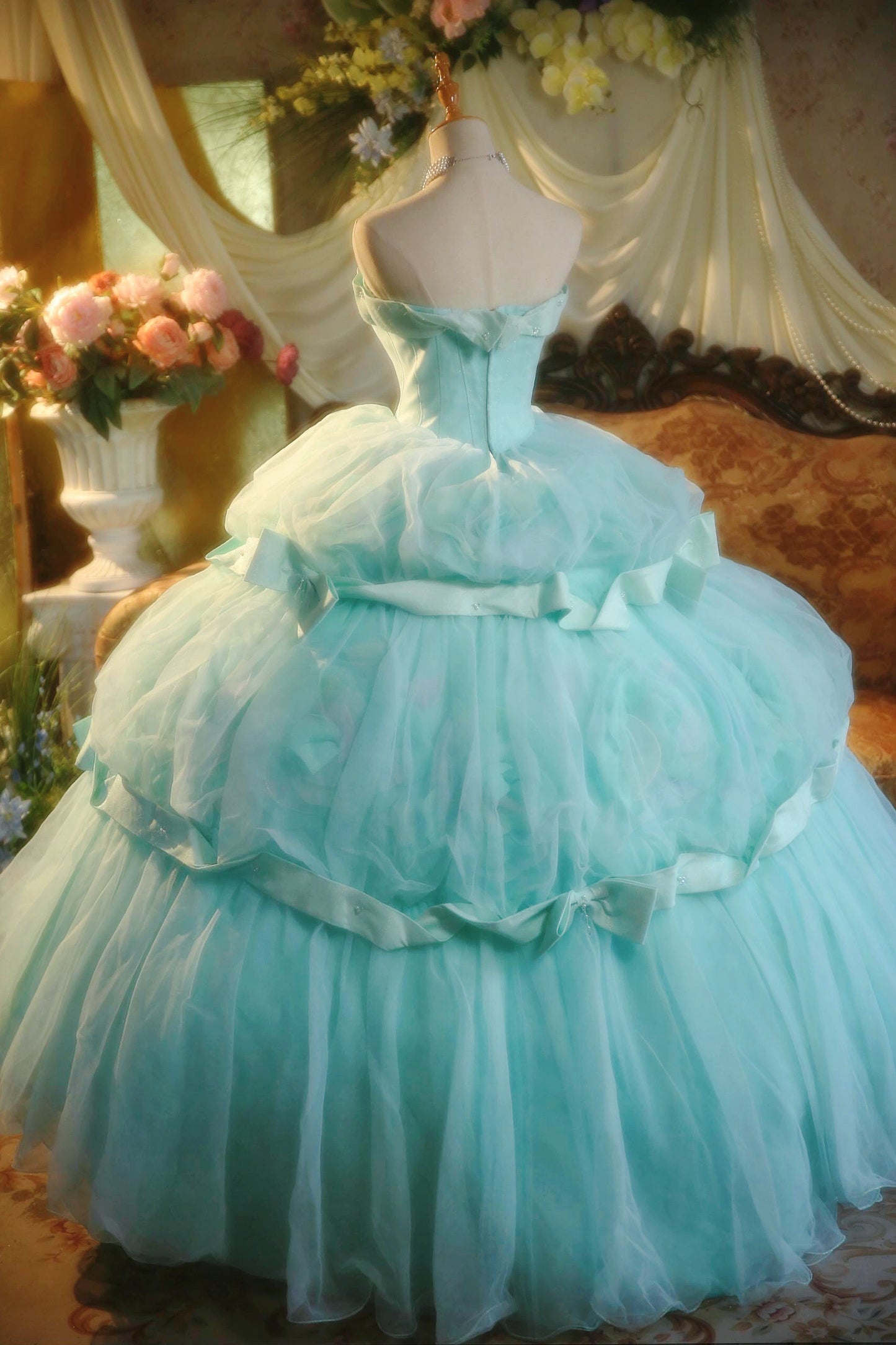 Fancy A-Line Strapless Tulle Sweet 16th Evening Dresses Bows Beads Prom Dress AP4768