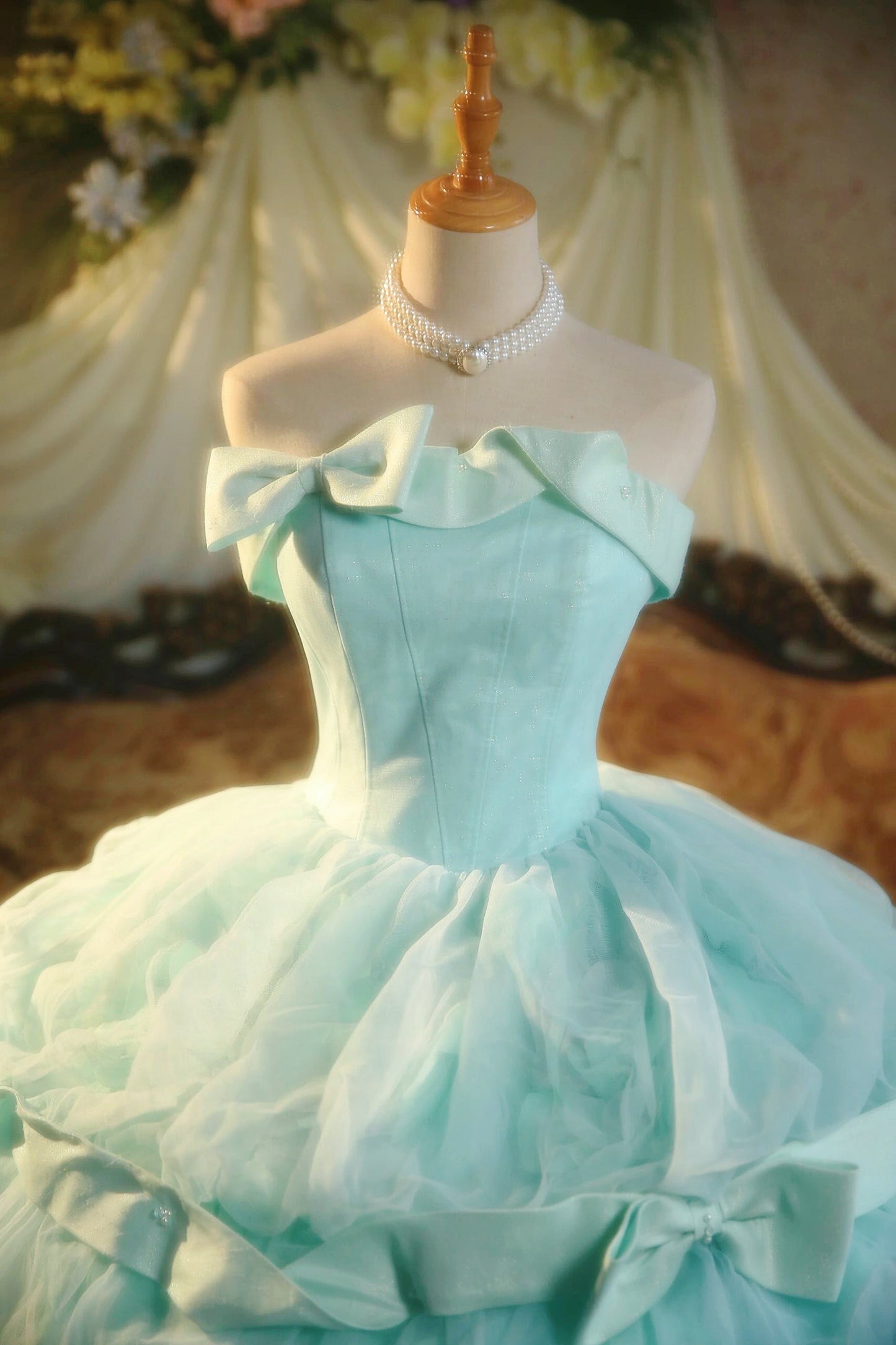 Fancy A-Line Strapless Tulle Sweet 16th Evening Dresses Bows Beads Prom Dress AP4768