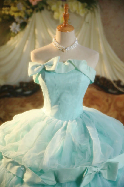 Fancy A-Line Strapless Tulle Sweet 16th Evening Dresses Bows Beads Prom Dress AP4768