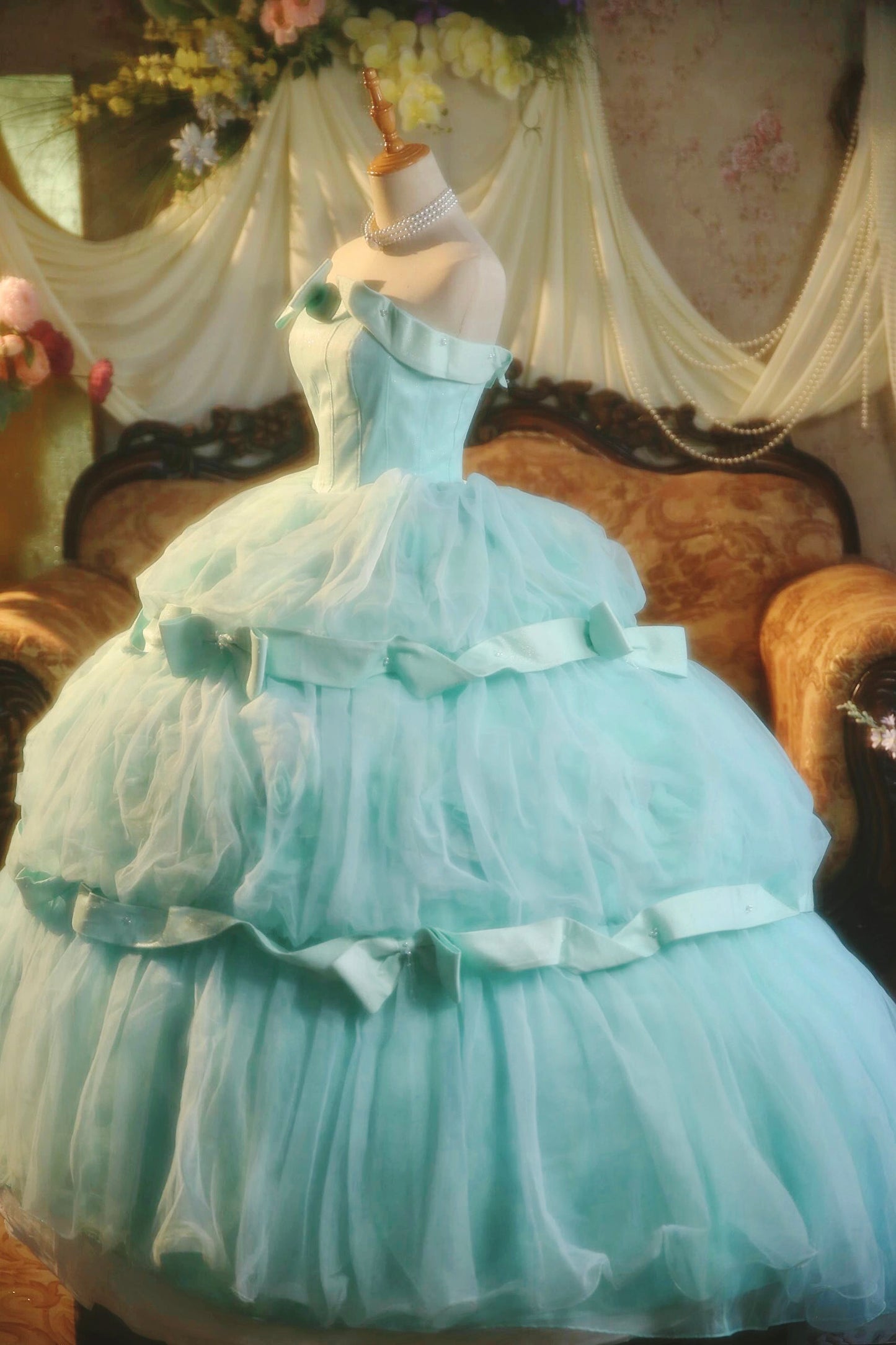 Fancy A-Line Strapless Tulle Sweet 16th Evening Dresses Bows Beads Prom Dress AP4768