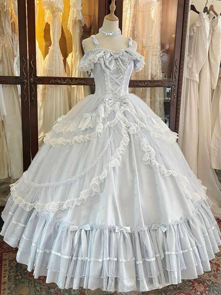 Casual A-Line Off Shoulder Sweet 16th Gowns Lace Bows Prom Dress AP4773