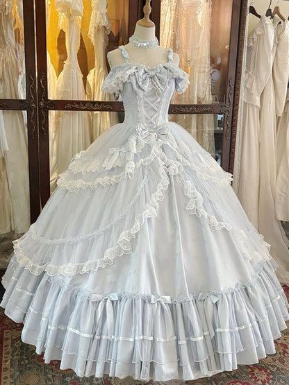 Casual A-Line Off Shoulder Sweet 16th Gowns Lace Bows Prom Dress AP4773