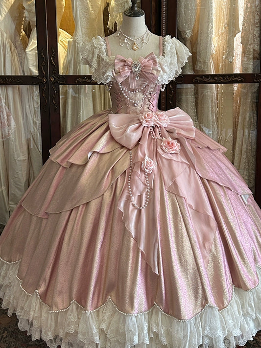 Y2K Style A-Line Square Neck Beading Sweet 16th Gowns Lace Crystal Bow Handmade Flower Prom Dress AP4774
