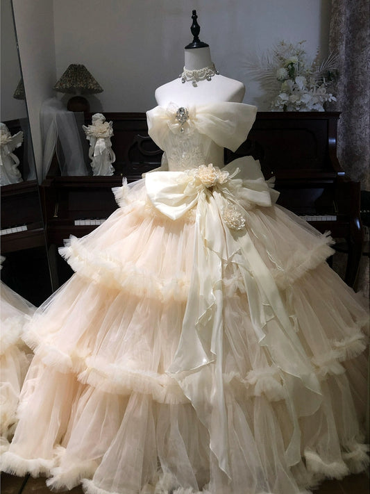 Exquisite A-Line Off Shoulder 3D Floal Sweet 16th Gowns Bows Applique Lace Crystals Prom Dress AP4777