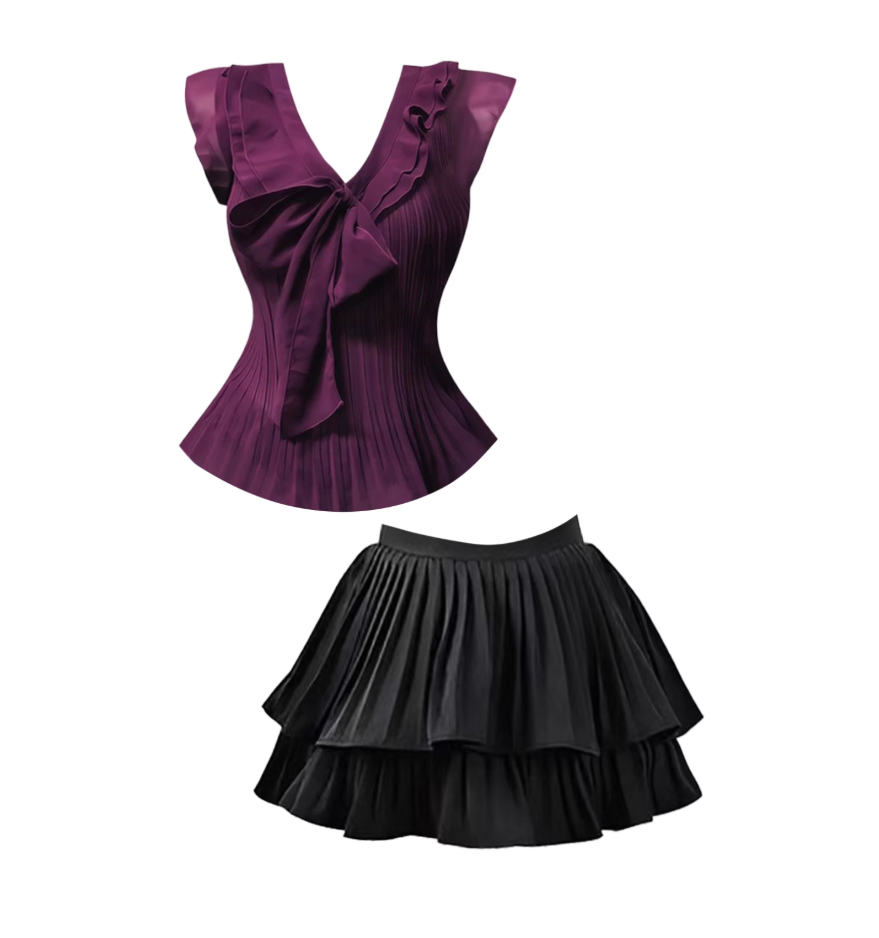Everyday Wear Ruffles Trim V Neck Tiered Mini Skirt Vintage Cinched-Waist 2-Piece Set A-Line Short Dress AP4781