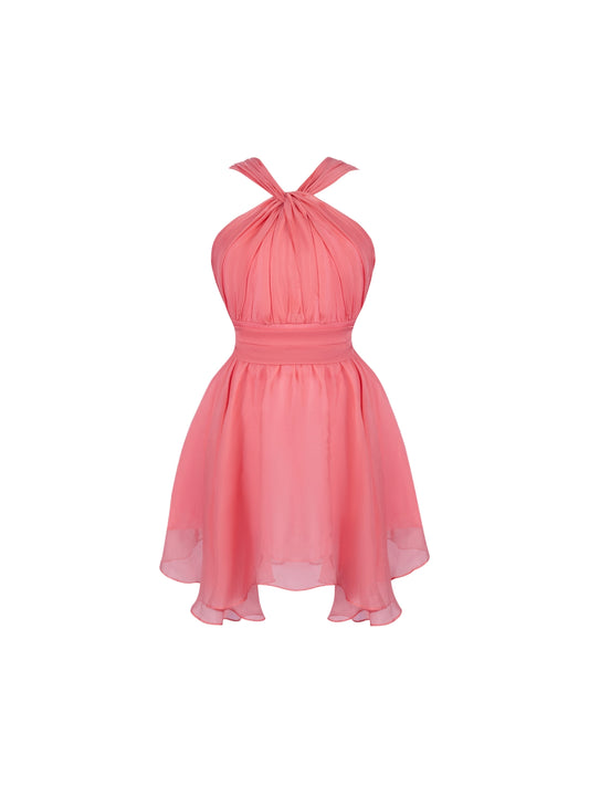 Boho-Inspired Ruched Bodice Fitted Waist Halter Neck Mini Skirt Simple Coral Pink Chiffon A-Line Short Dress AP4782