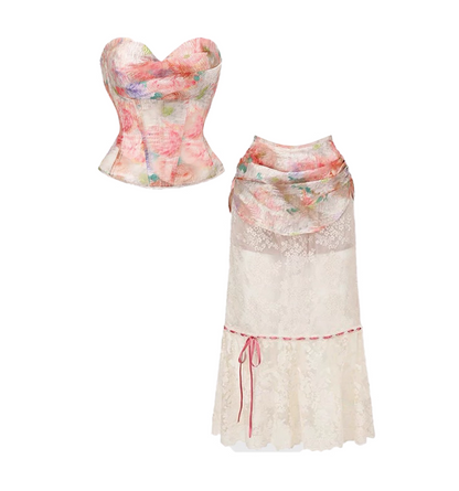 Beautiful Bustier Top Lace Splicing A-Line Maxi Dresses Romantic Pastel Floral Two-Piece Strapless Long Dress AP4783