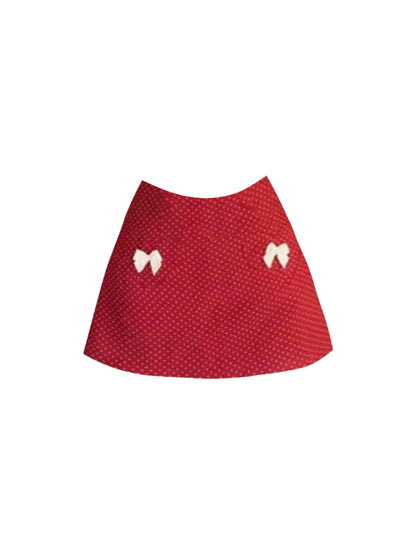 Enchanting Sheath Cherry Accents Bow Design Mini Skirt Sweet White Off-Shoulder Ruffled Bustier Top Red Polka Dot Short Dress AP4784