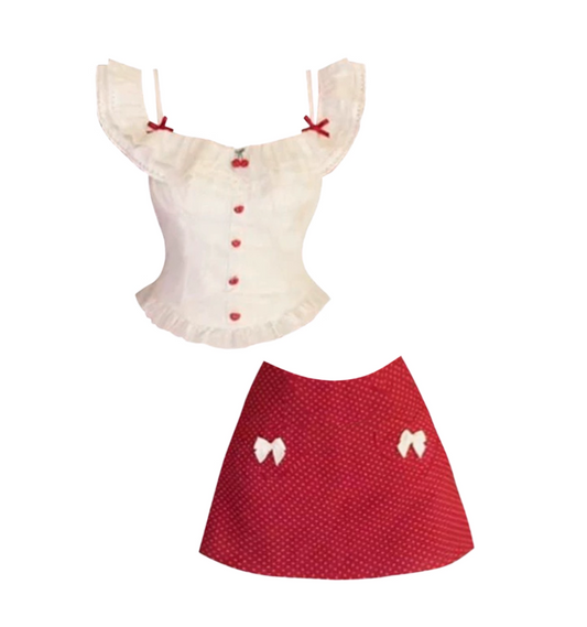 Enchanting Sheath Cherry Accents Bow Design Mini Skirt Sweet White Off-Shoulder Ruffled Bustier Top Red Polka Dot Short Dress AP4784