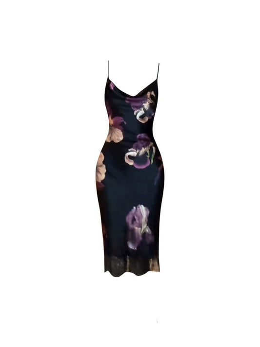 Amazing Spaghetti Straps Purple Floral Pattern Midi Dress Charming Sheath Black Long Dress AP4787