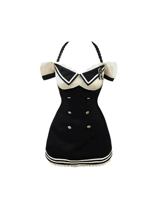 Appealing A-Line Double Buttons Pearl Hem Mini Skirt Chic Black & White Off-Shoulder Short Dress AP4788