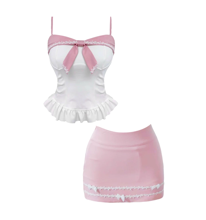 Fascinating White Corset Spaghetti Strap 2-Piece Mini Skirt Sweet Pink Lace Bow Accent Sheath Ruffled Hem Short Dress AP4789